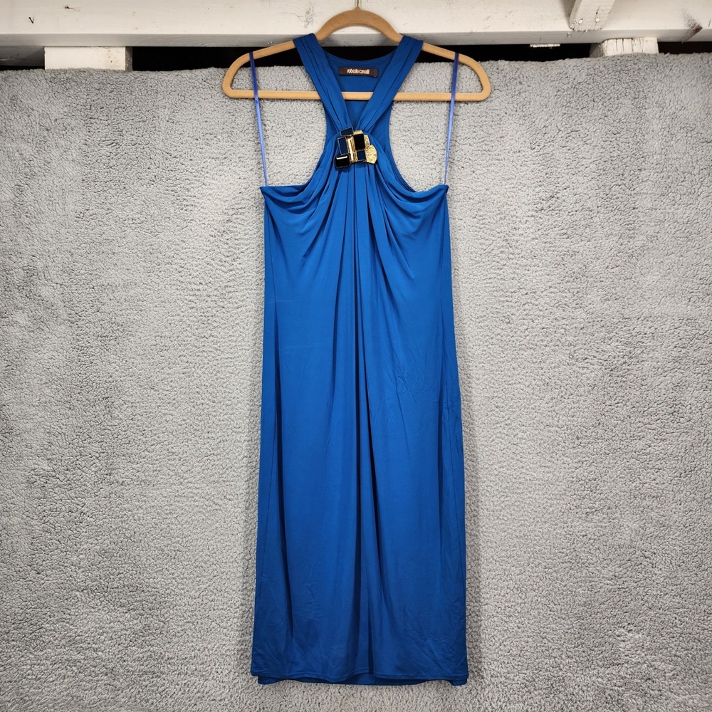 Roberto Cavalli Blue Halter Draped Midi Dress Brooch Detail Italy Size 40 US 4